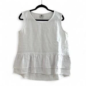 Crown Linen Designs Ruffle Layered 100% Linen Blouse Top White Lagenlook Sz Smll